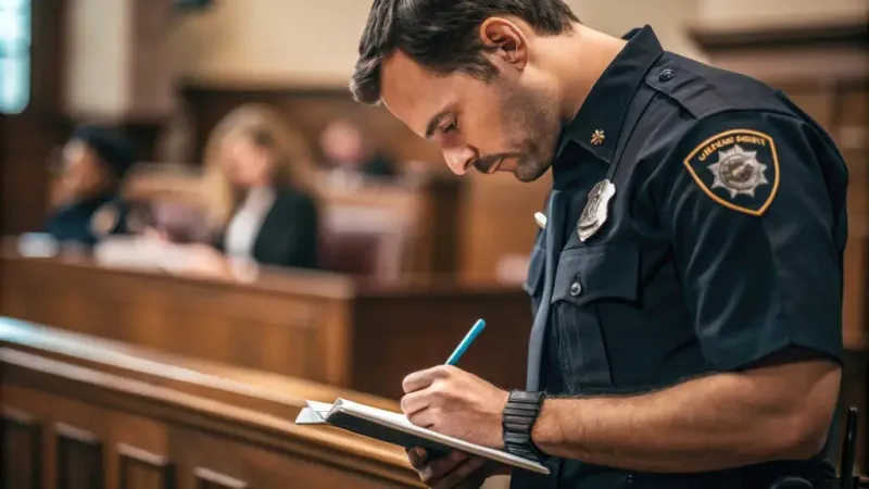 Officer Taking Notes Courtroom P - Police Officer study guide