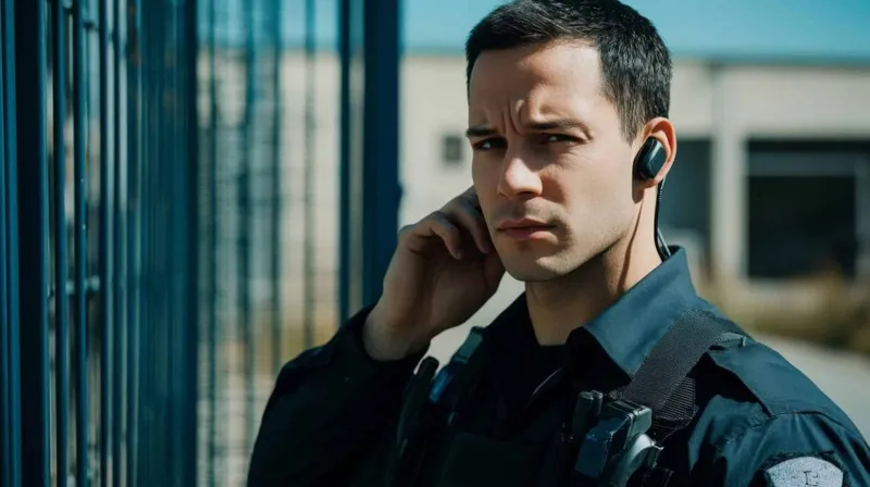 Closeup Police Officer Wearing Earpiece Uniform X - Security Agents Institute of Western Australia Test study guide