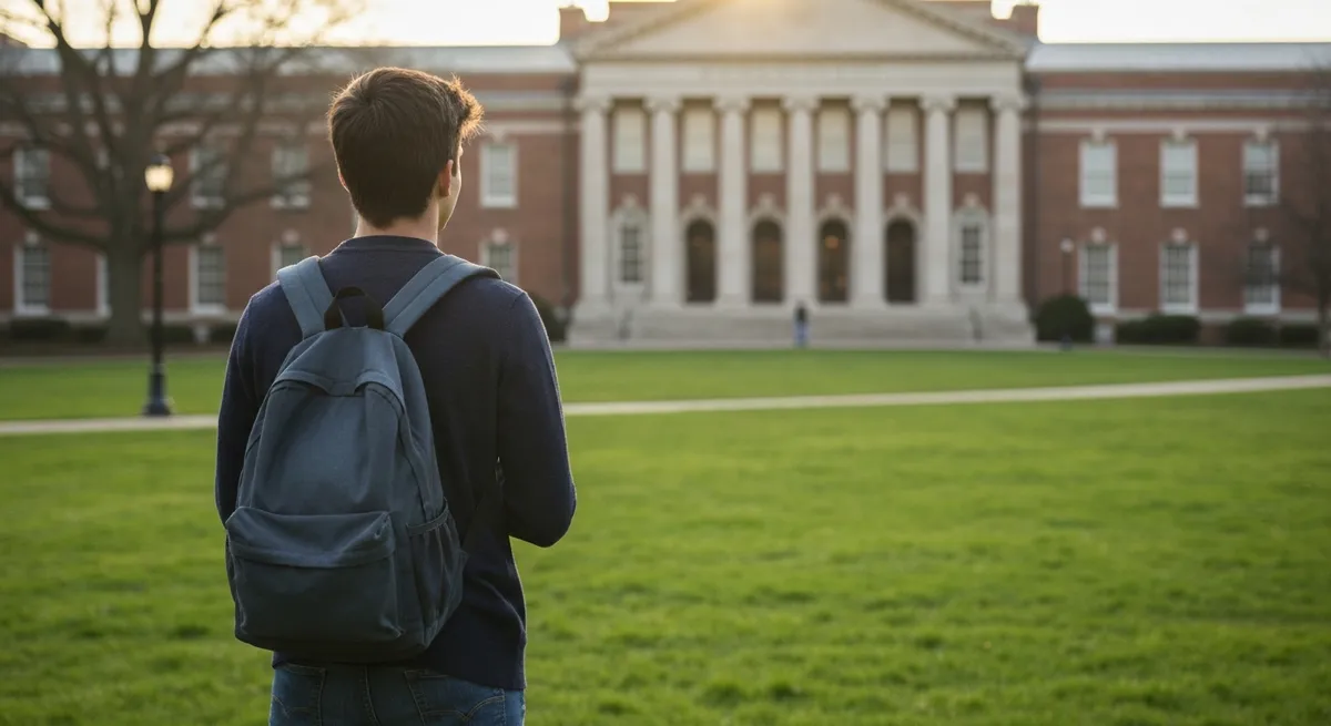 A hopeful student with a backpack looks out at a university campus, thinking about the future after calculating their SAT score.