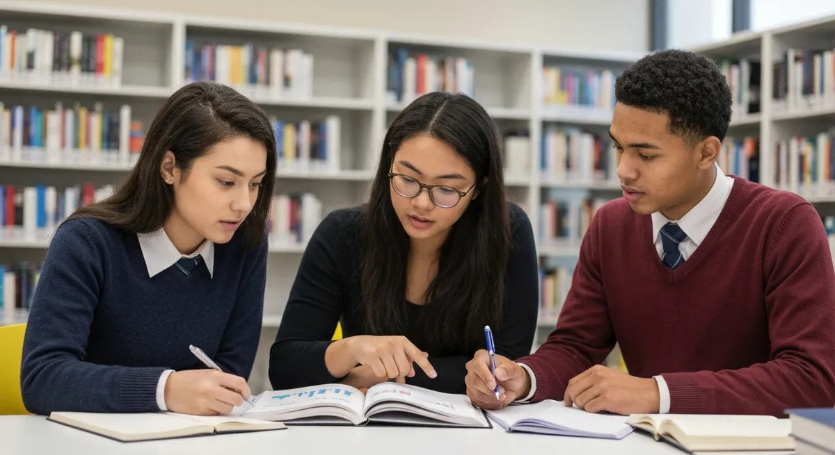 A diverse group of high school students studying together in a library to prepare for the SAT.