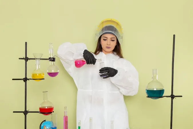 Front View Female Chemist Special Protective Suit Working With Different Solutions Green Surface X - Specialist in Microbiology study guide