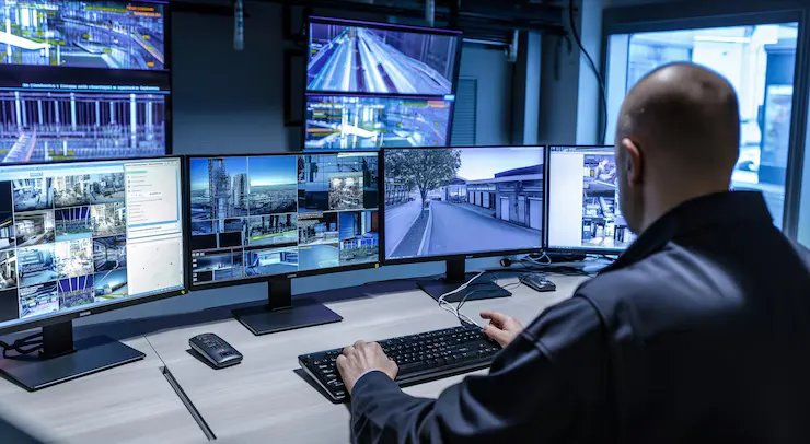Man Monitoring Multiple Screens Desk - Security Operations and Administration study guide