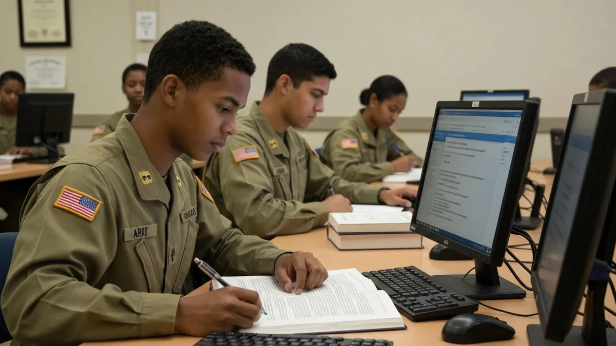 Army recruit at MEPS computer terminal completing the TAPAS forced-choice personality assessment for military enlistment screening