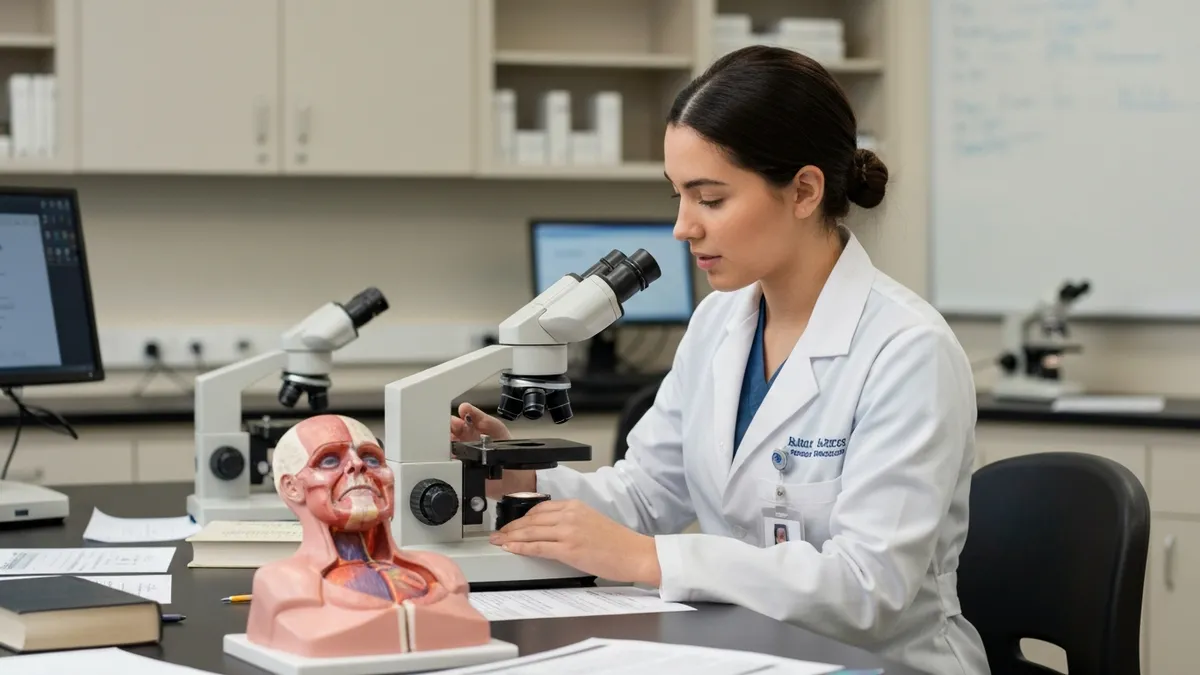 TEAS practice test study session with a timer, math worksheets, anatomy diagrams, and English grammar reference cards on a study desk