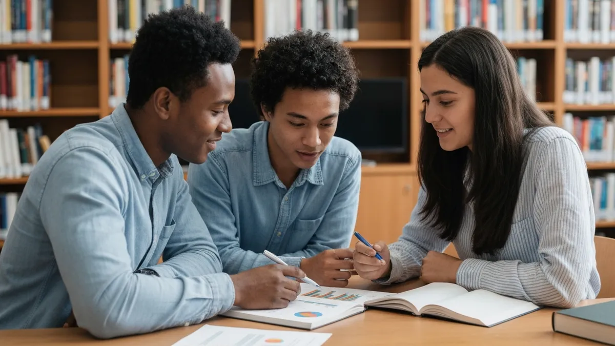 Two students working together on TEAS math practice problems in a library.