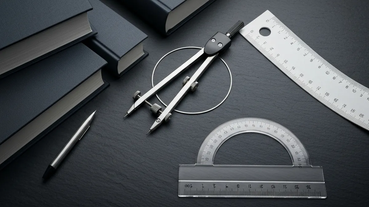 A flat lay of essential tools for solving TEAS math formulas, including a compass and ruler.