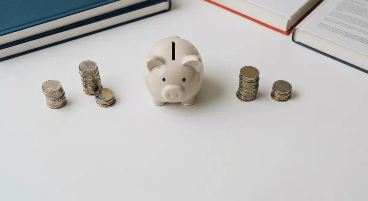 A top-down view of a piggy bank next to several small, separate stacks of coins, symbolizing a breakdown of TOEFL test fees.