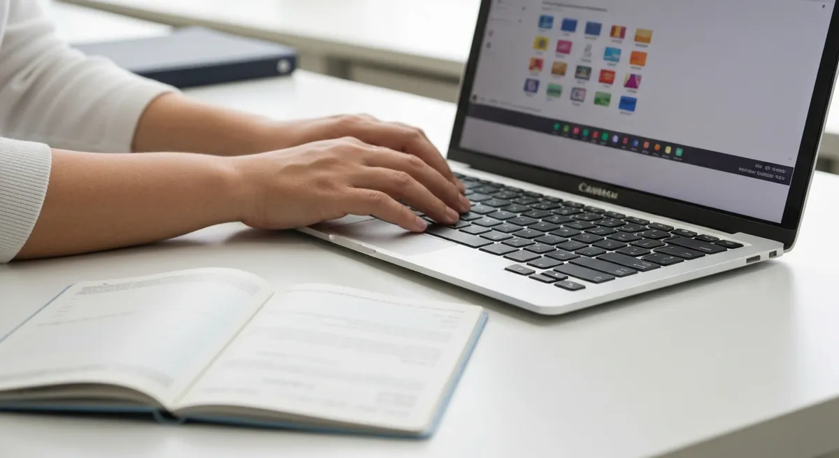 A person's hands are poised over a keyboard, with a blank, open passport on the desk, illustrating the TOEFL registration process.
