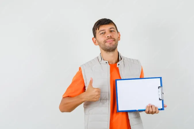 Young Male Holding Clipboard Pencil Showing Thumb Up T Shirt Jacket Looking Glad Front View - Test Specialist Certification study guide