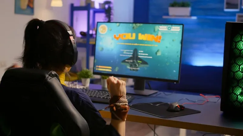 Player Winning Space Shooter Esport Tournament Wearing Professional Headset X - Unity Certified Associate Game Developer study guide