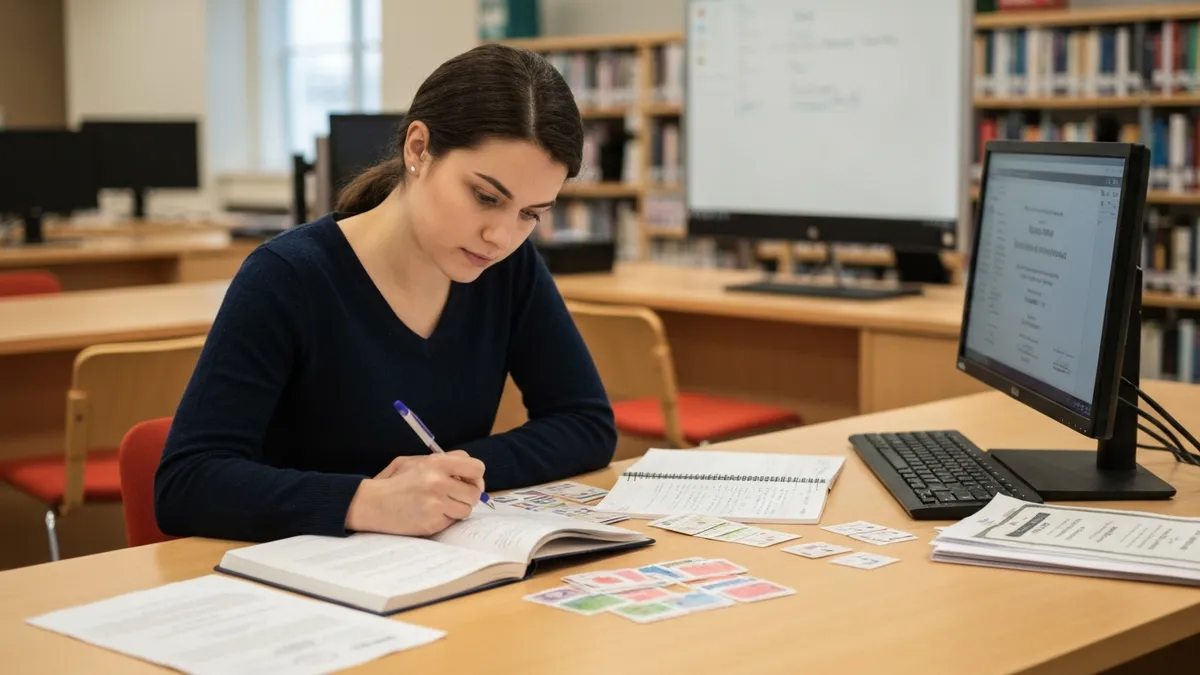 Person studying for Versant English proficiency test with notes