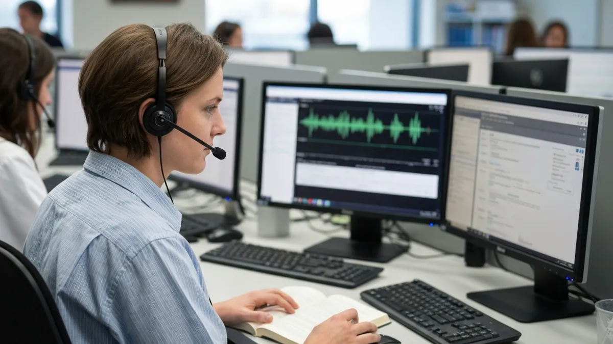 Person practicing Versant test sample questions at a desk