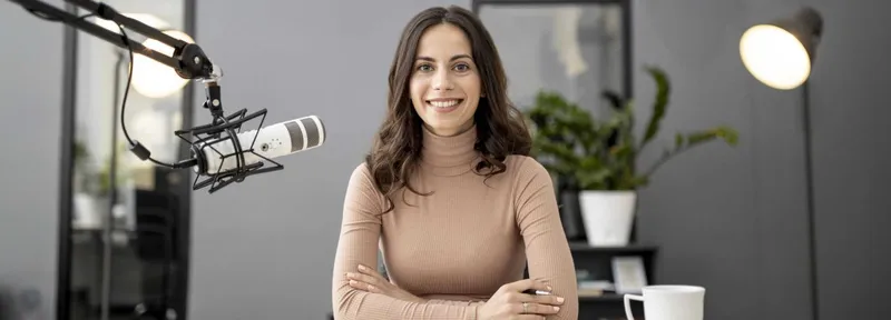 Front View Smiley Woman Radio With Microphone Notebook - Voice Over study guide