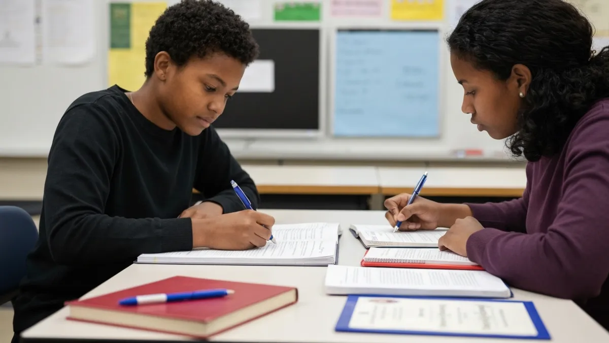 Paraeducator working with a small group of students using graphic organizers and scaffolded materials
