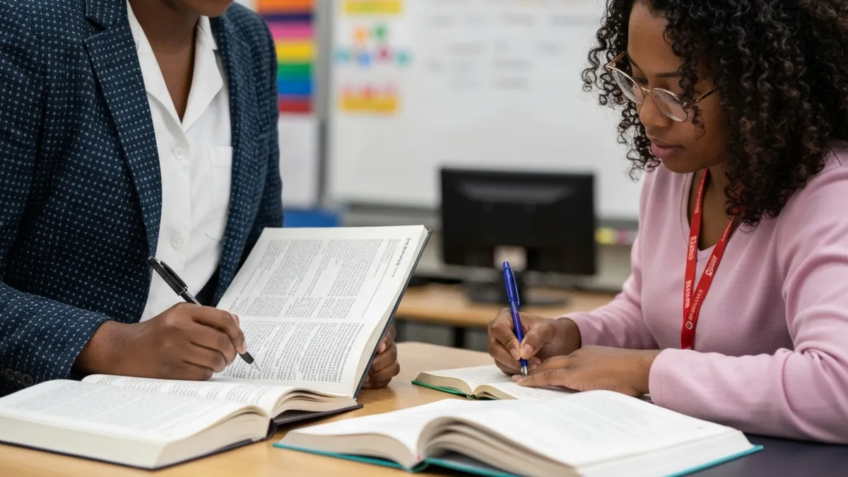 Paraeducator supporting an English Language Learner student with visual vocabulary supports in the classroom