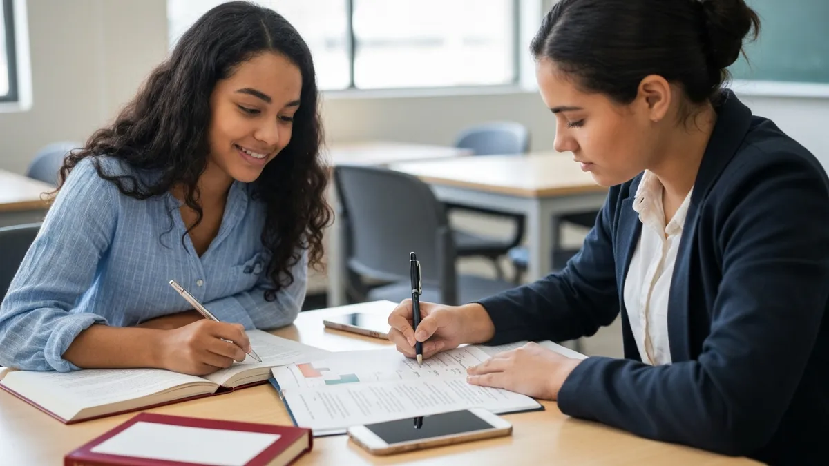 Paraeducator and student working through math problems on a worksheet showing fractions, percentages, and bar graphs
