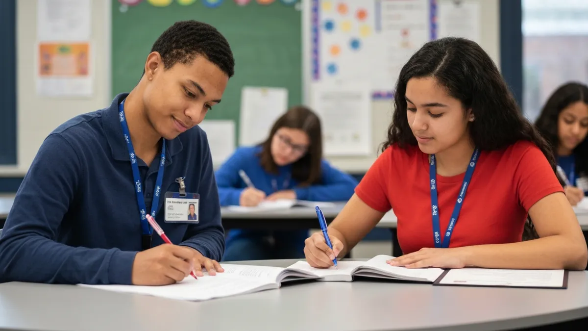 Student and paraeducator working through math problems together in a Kentucky classroom