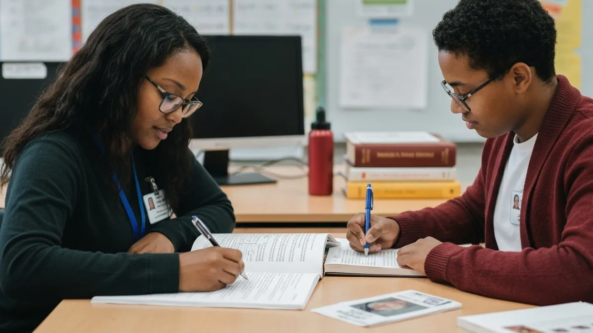 Paraeducator supporting a student with reading comprehension strategies
