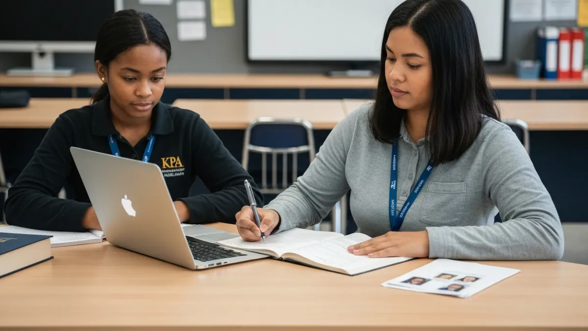 Kentucky paraeducator completing KPA registration on a laptop at a school desk
