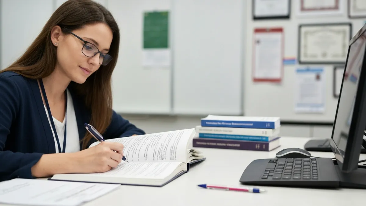 Paraeducator studying targeted KPA practice materials to improve weak section scores before retaking the Kentucky assessment