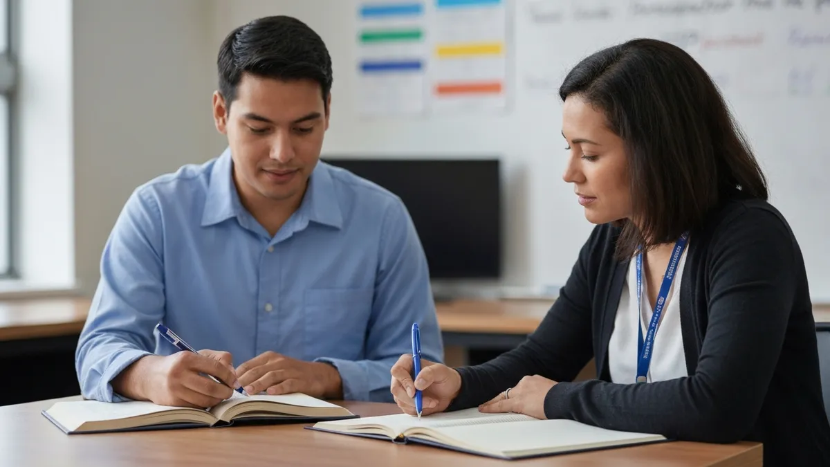 Teacher and paraeducator reviewing an IEP document together