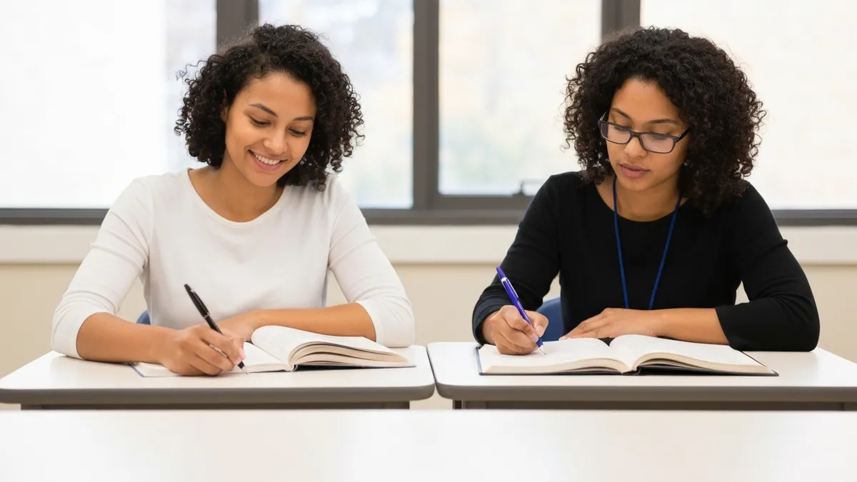 Paraeducator helping a student with a reading accommodation in class
