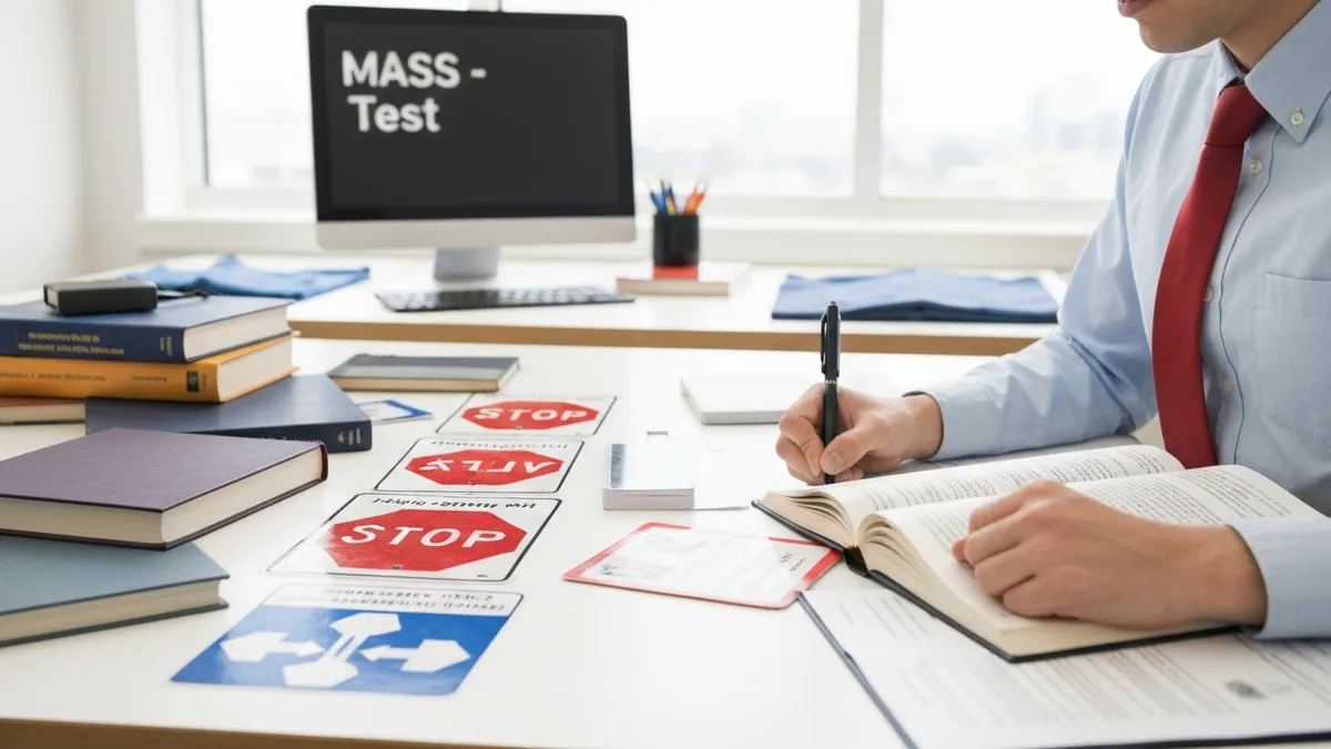 Massachusetts RMV permit test road signs by shape and color showing stop yield warning regulatory and informational signs for MA learner's permit written exam preparation