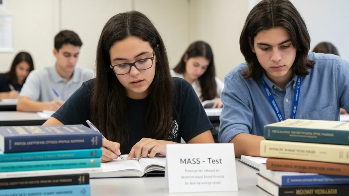 Massachusetts teenager passing RMV permit written test at Registry of Motor Vehicles service center to receive MA learner's permit and begin supervised driving practice