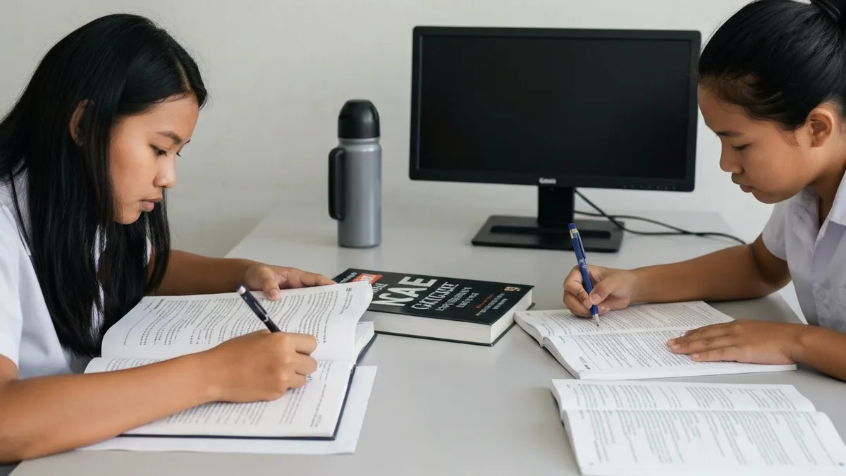 Filipino Grade 9 students studying for NCAE exam with practice test materials