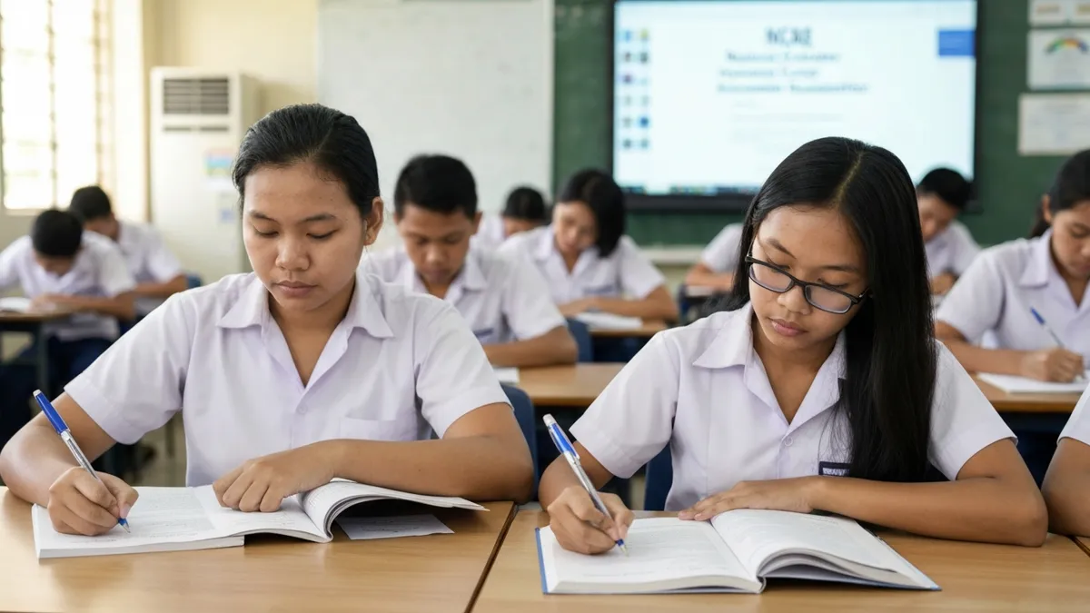 Grade 9 students taking the NCAE examination in a Philippine high school classroom