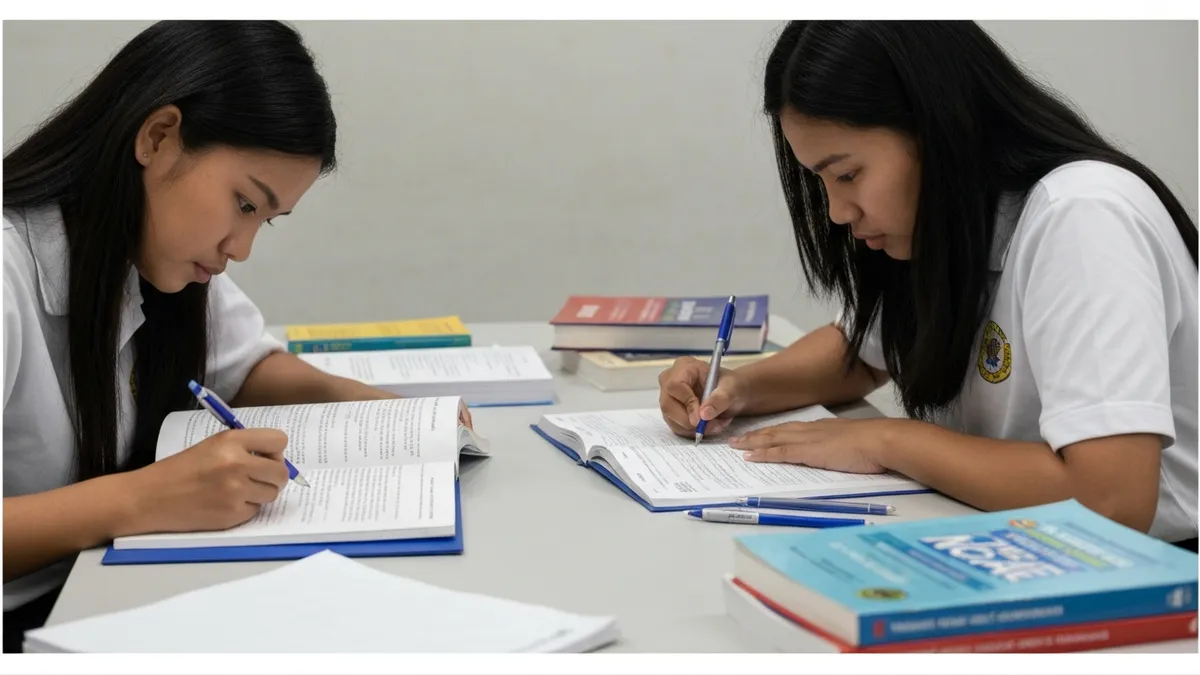 Filipino students reviewing for the NCAE exam with study materials