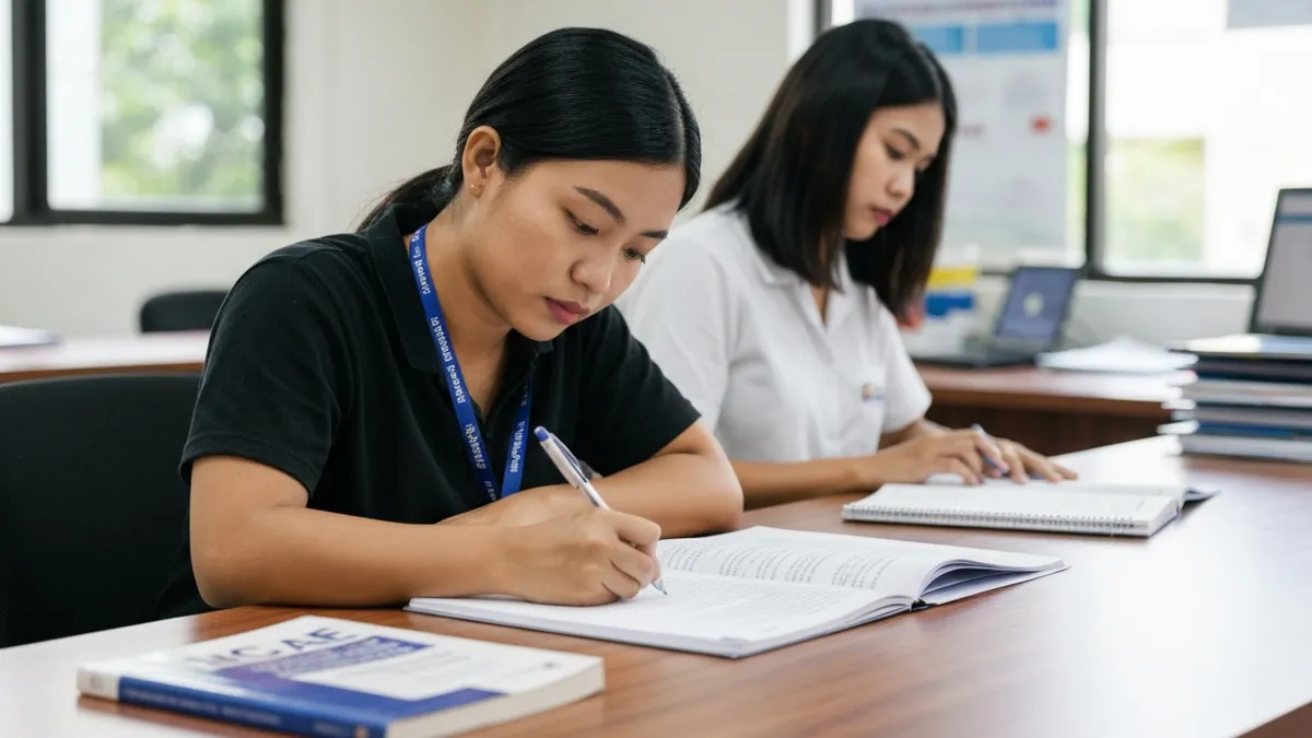 Filipino student submitting scholarship application documents at a university office
