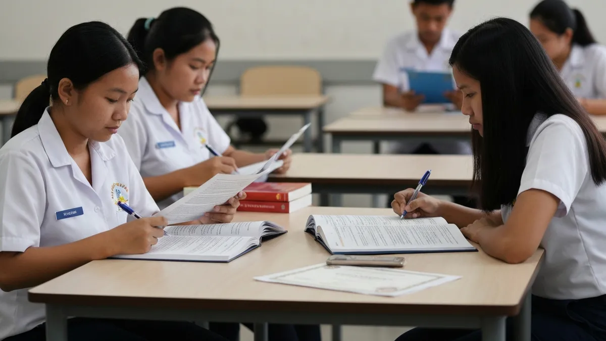 Filipino Grade 10 students reviewing NCAE strand recommendation results for Senior High School enrollment 2026