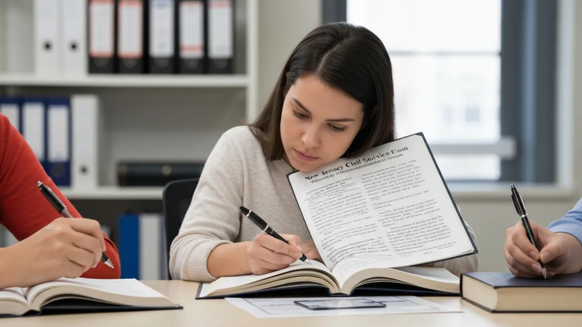 New Jersey civil service test content areas showing reading comprehension mathematics written communication and job-specific knowledge sections for NJ state and municipal government positions