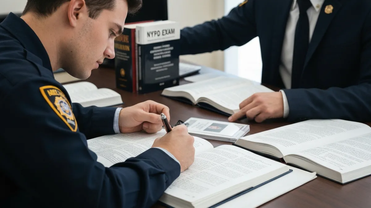 NYPD exam written test format showing reading comprehension memory observation and police judgment civil service sections for New York police officer hiring