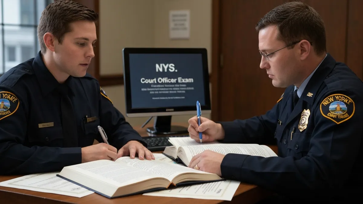 New York State court officer in uniform at courthouse entrance after passing NYS Court Officer Exam civil service written test and physical fitness requirements