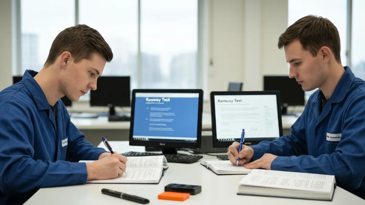 Ramsay Test content areas showing mechanical aptitude electrical circuits hydraulics and maintenance knowledge for industrial pre-employment assessment