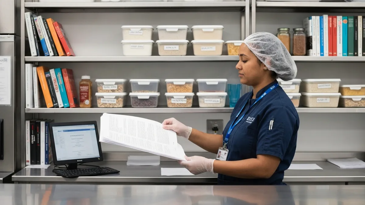 Kitchen staff reviewing allergen labels on packaged food ingredients