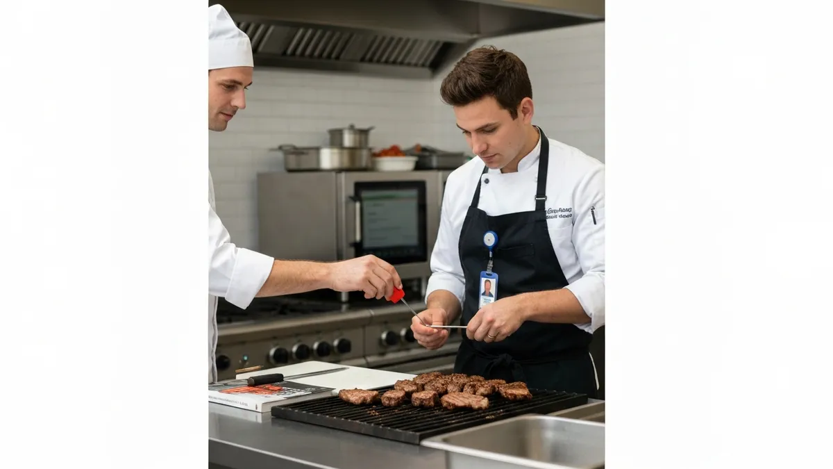 Food service worker holding ServSafe food handler certification card