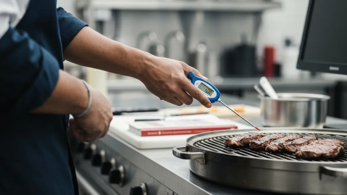Food safety manager checking temperature logs as part of HACCP verification procedures