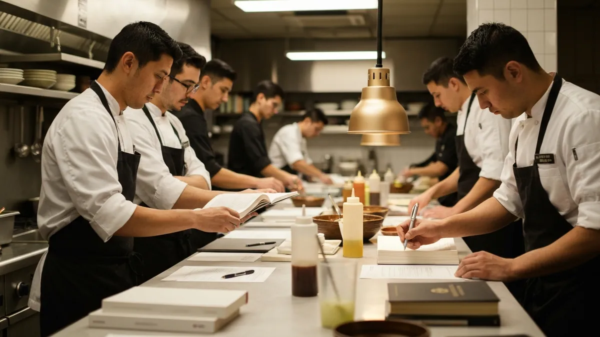 Food service professionals reviewing ServSafe study materials