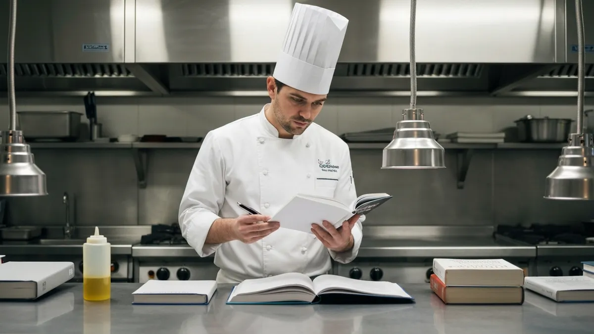 Food handler wearing gloves, hair net, and clean uniform demonstrating proper ServSafe personal hygiene standards in a commercial kitchen