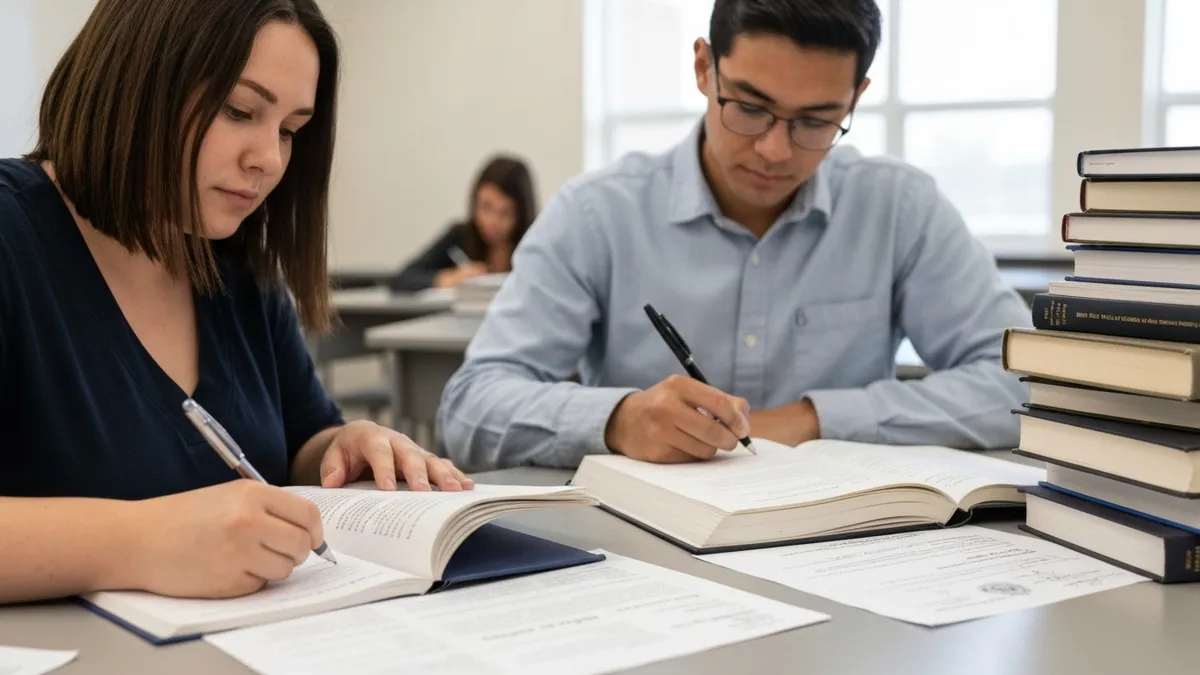 Student writing SOL essay at desk with preparation notes for Virginia SOL writing test