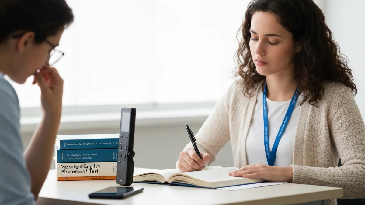 Person practicing English speaking skills with a recording device for VEPT preparation