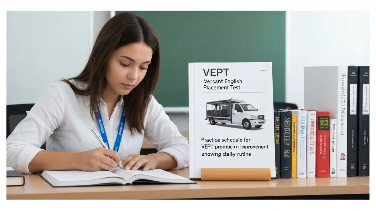 Practice schedule for VEPT pronunciation improvement showing daily routine