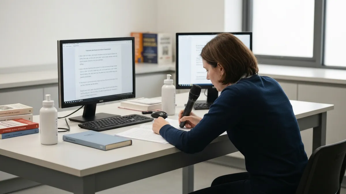 VEPT reading aloud practice session showing passage text on screen with microphone