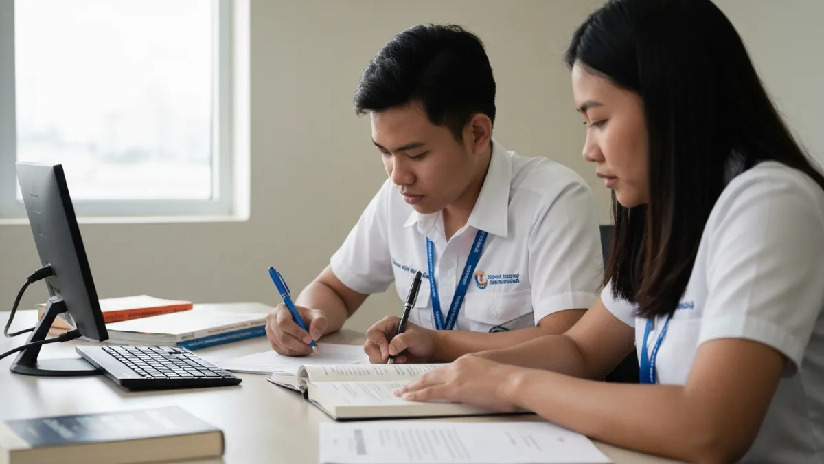 Filipino pilot candidate studying VEPT reading comprehension strategies with aviation textbook