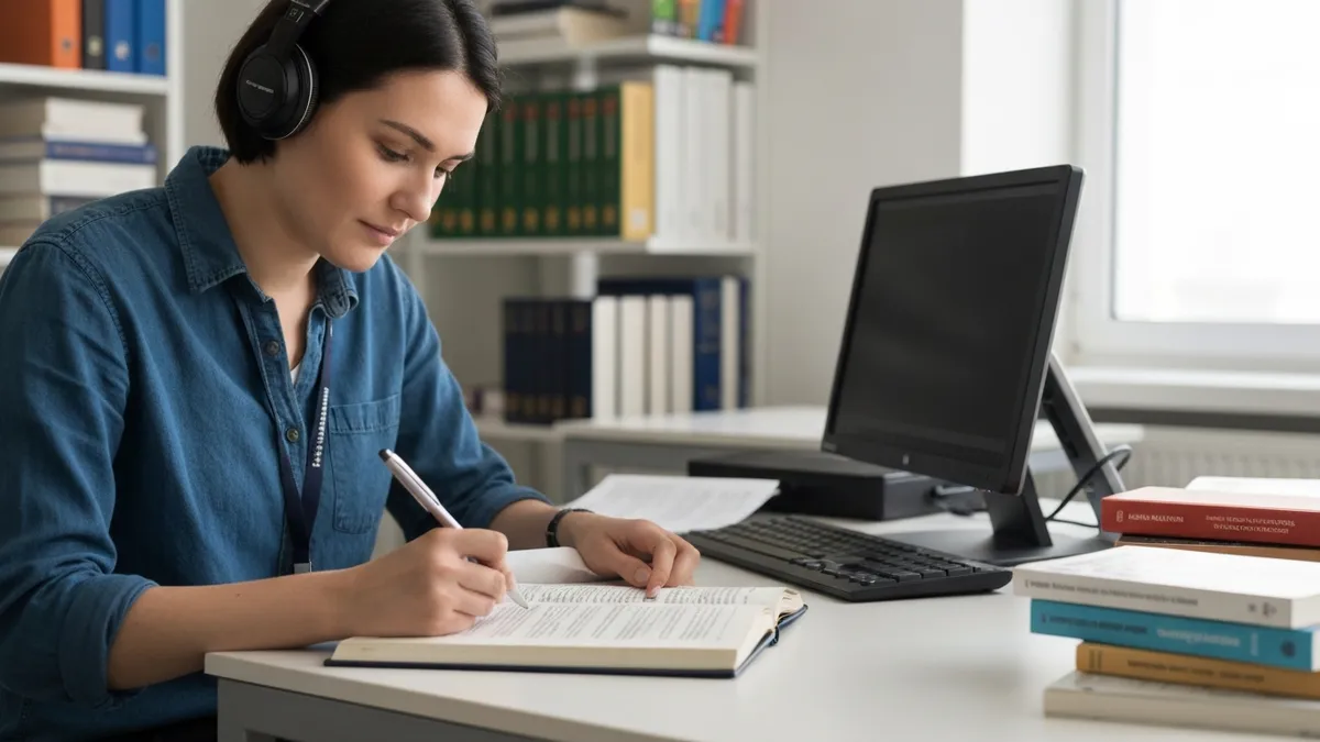 Person recording themselves reading aloud for VEPT preparation