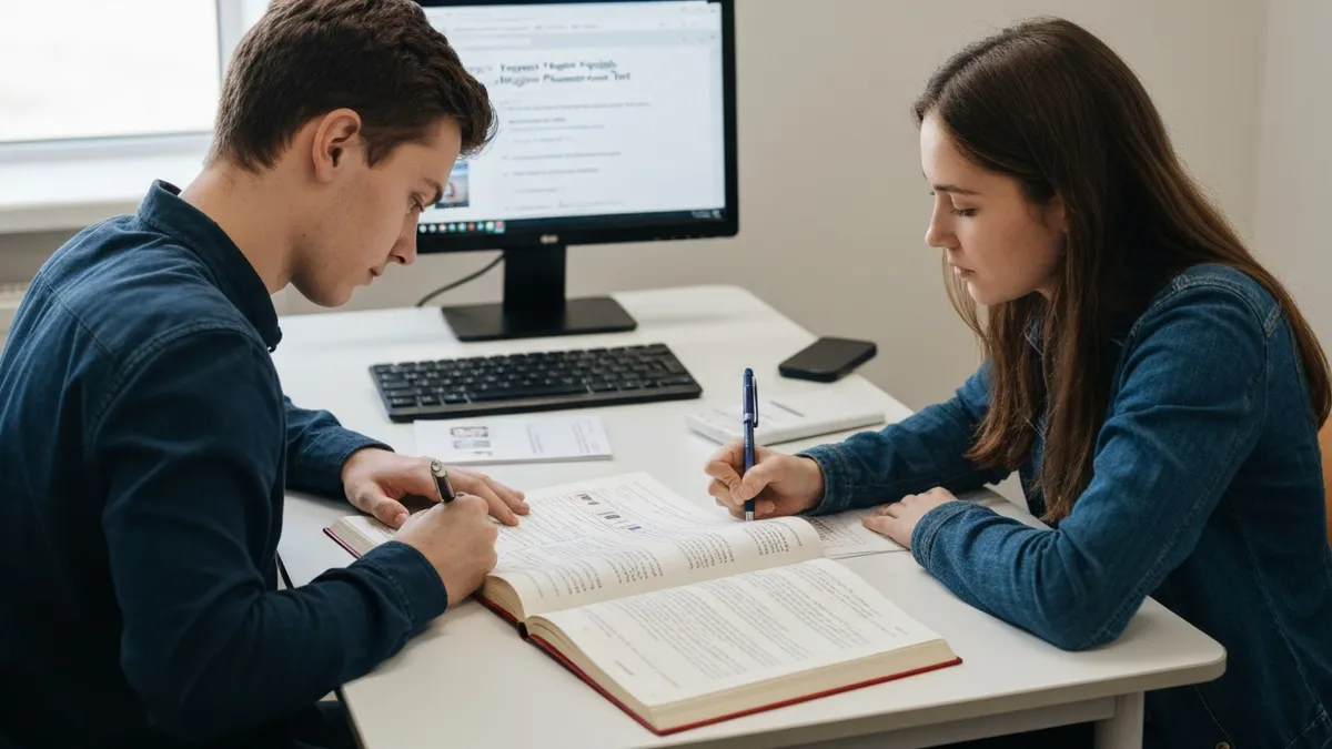 Student studying for VEPT exam with vocabulary flashcards and audio practice materials