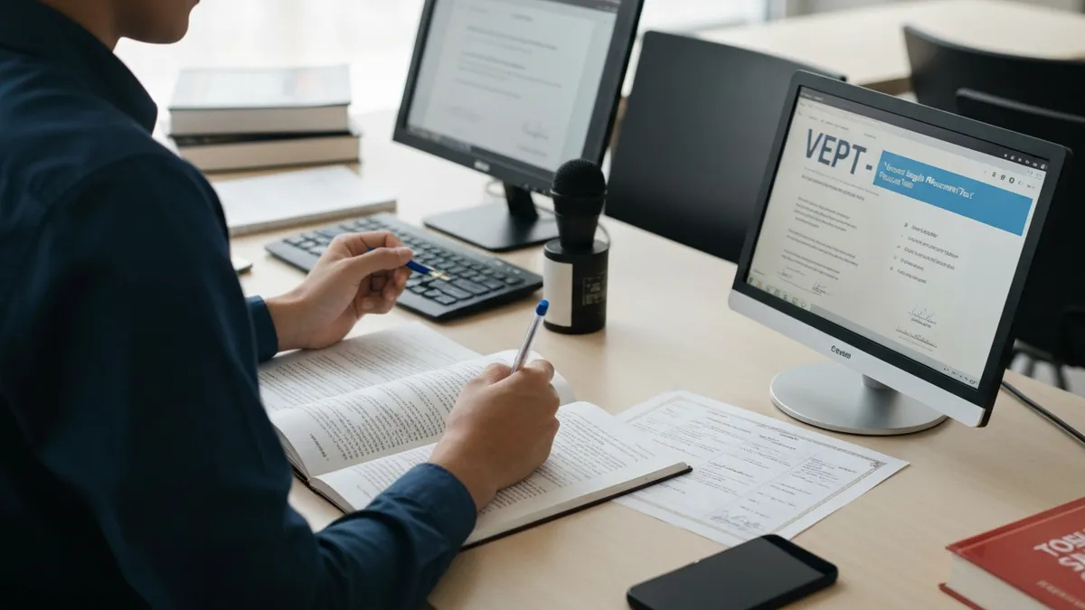 Test taker practicing VEPT speaking section with microphone and study materials